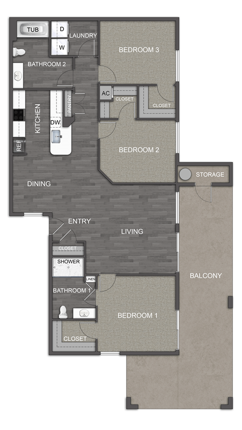 Floor plan for 3 beds, 2 baths, 1676 sqft